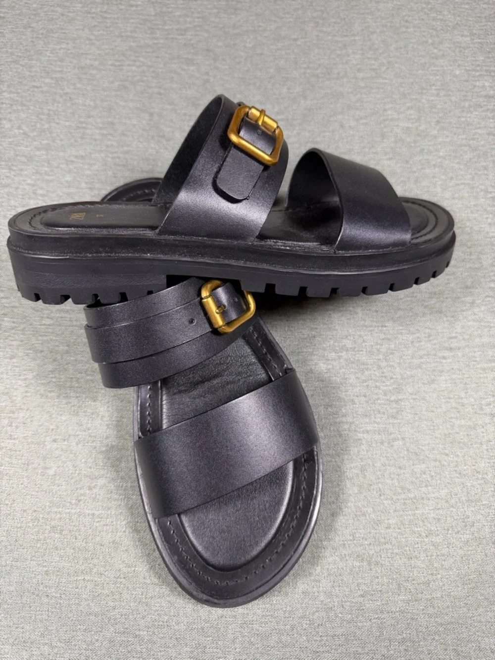 ZARA Black Leather-Look Double Strap Slides with Gold Buckles - Picture 2 of 3